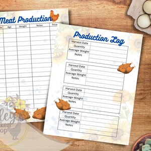 May include: Two printed log sheets featuring sunflower graphics and chicken illustrations. One sheet is titled Meat Production with columns for Hatch Date, Age, Weight, Notes, and Price. The other is titled Production Log with harvest tracking fields.