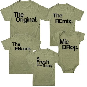 Matching Family Olive Shirts: The Original, The Remix, The Encore