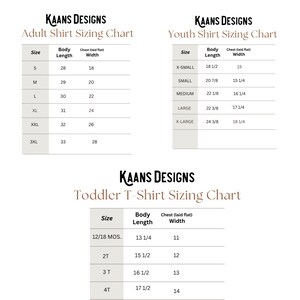 May include: A chart showing the sizing for adult, youth, and toddler t-shirts. The chart includes measurements for body length and chest width in inches.