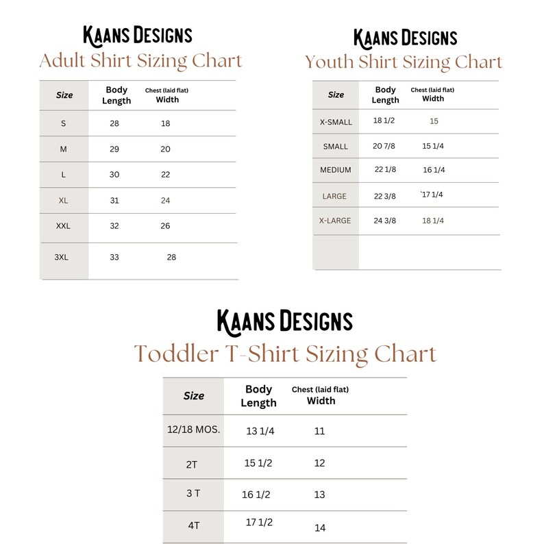 May include: A chart showing the sizing for adult, youth, and toddler t-shirts. The chart includes measurements for body length and chest width in inches.