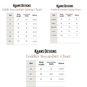 May include: A chart showing sweatshirt sizing for adults, youth, and toddlers. The chart includes measurements for body length, chest width, and sleeve length in inches.