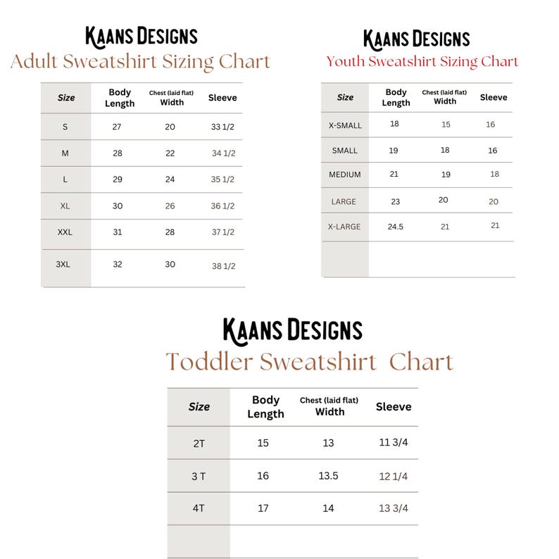 May include: A chart showing sweatshirt sizing for adults, youth, and toddlers. The chart includes measurements for body length, chest width, and sleeve length in inches.