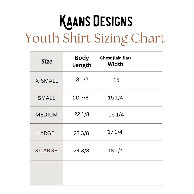 May include: Youth shirt sizing chart with measurements in inches for body length and chest width. Sizes include X-Small, Small, Medium, Large, and X-Large.