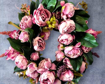 Pink Peony Wreath, Elegant Cottage Farmhouse Decor, Everyday Floral Front Door Wreath