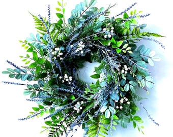 Corona de lavanda con helechos, corona para el día a día, decoración rústica para puertas durante todo el año.