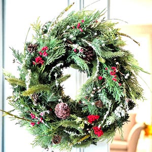 Farmhouse Christmas Wreath: Pine, Cedar, Silver & Red Berry Decor