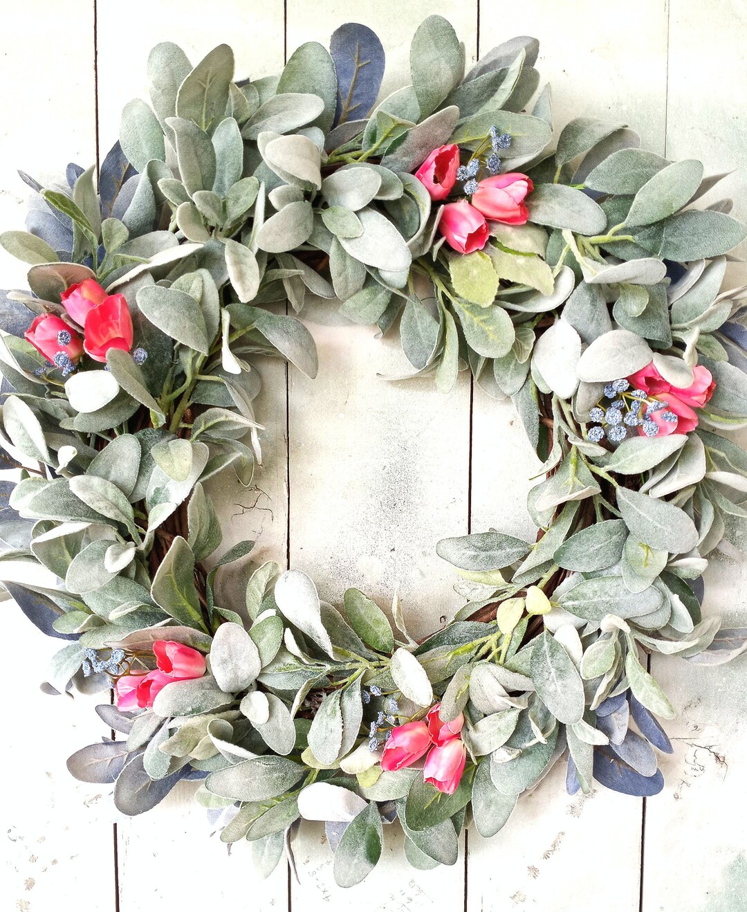 Late Summer Early Fall Wreath for Front Door Lambs Ear Pink Rosebud ...