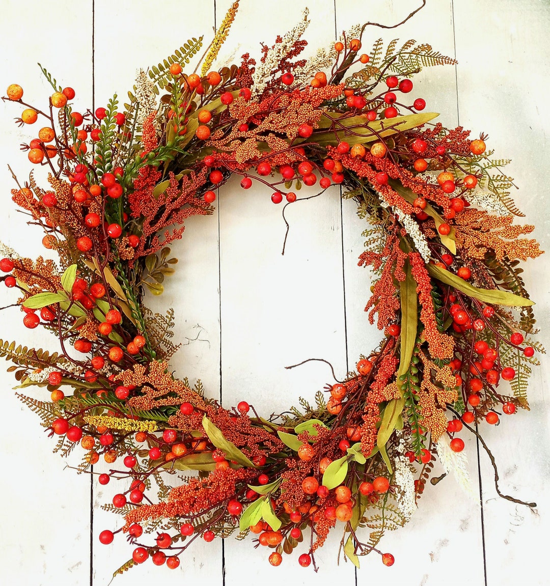 Orange Berry Wreath Fall Wreath Twig Fern Vine Berries Leaves Late ...
