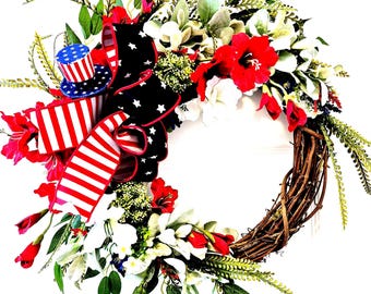 Handmade Patriotic Wreath, 4th of July Wreath, Red White Blue Americana Farmhouse Door Decor