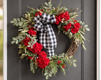 Red Geranium Spring Summer Wreath, Cottage Farmhouse Door Decor