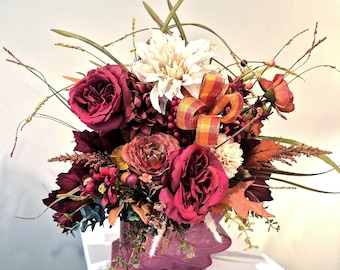 Fall Floral Arrangement, Faux Flower Centerpiece, Autumn Home Decor with Peonies