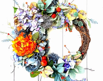 Spring Wreath with Blue Peonies, Peony Wreaths, Farmhouse Door Decor
