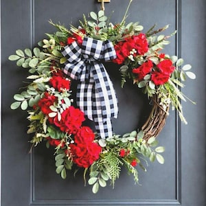 Red Cottage Geranium Wreath, Buffalo Check Bow, Farmhouse Door Decor, Grapevine Base
