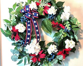 Patriotic Grapevine Wreath, Hydrangeas, Daisies, Blueberries, July 4th Door Decor