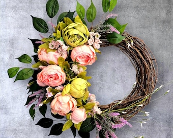 Summer Peony Wreath for Front Door Farmhouse Door Decor
