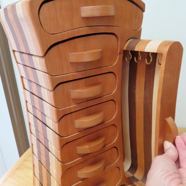 Handmade Cherry Wood Jewelry Box: Cherry, Maple & Walnut Inlay, Bandsaw Design with Necklace Holder