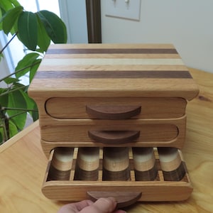 Handmade Oak Wood Jewelry Box: Maple Walnut Inlay, 3-Drawer Design