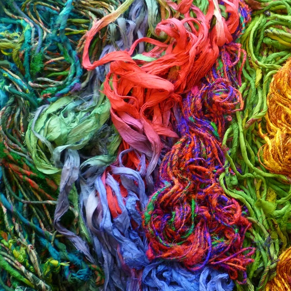 Sari silk yarn - mixed bag of ribbons and yarns - sari silk recycled ribbon - recycled sari silk ribbon yarn - multicolored silks