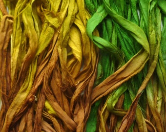 Sari silk ribbon recycled - chestnut/green/gold. multicolured sari silk ribbon hand-dyed - sari silk waste ribbon - silk yarn