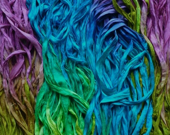 Sari silk ribbon recycled - multicolured sari silk ribbon - blue/green/purple/pink - sari silk waste ribbon - silk yarn