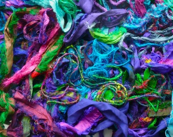 Mixed Sari Silk Ribbon Yarn Fabric Remnants – Blue Purple Green Crafting Supplies