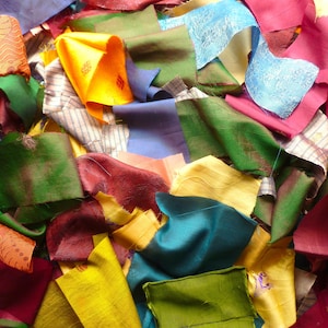 Sari silk fabric remnants 15 pieced mixed bag  - plain and patterned silk fabric pieces - combined shipping