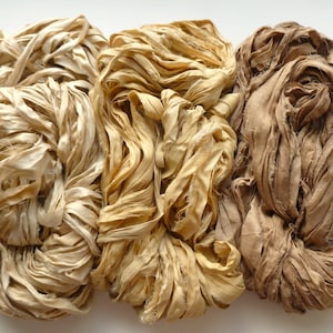 Sari silk ribbon recycled - antique cream/butterscotch/mink or all 3 - multicoloured sari silk ribbon - sari silk waste