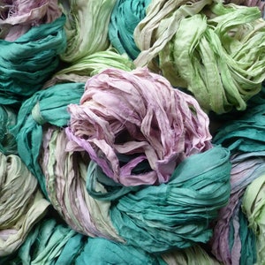 Sari silk ribbon recycled - multicolured sari silk ribbon - blue-green, pastel pink, peppermint - sari silk waste ribbon - silk yarn