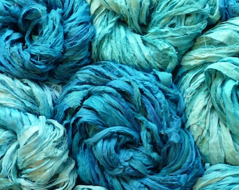 Sari silk ribbon recycled - multicolured sari silk ribbon - turquoise, dark turquoise - sari silk waste ribbon - combined shipping