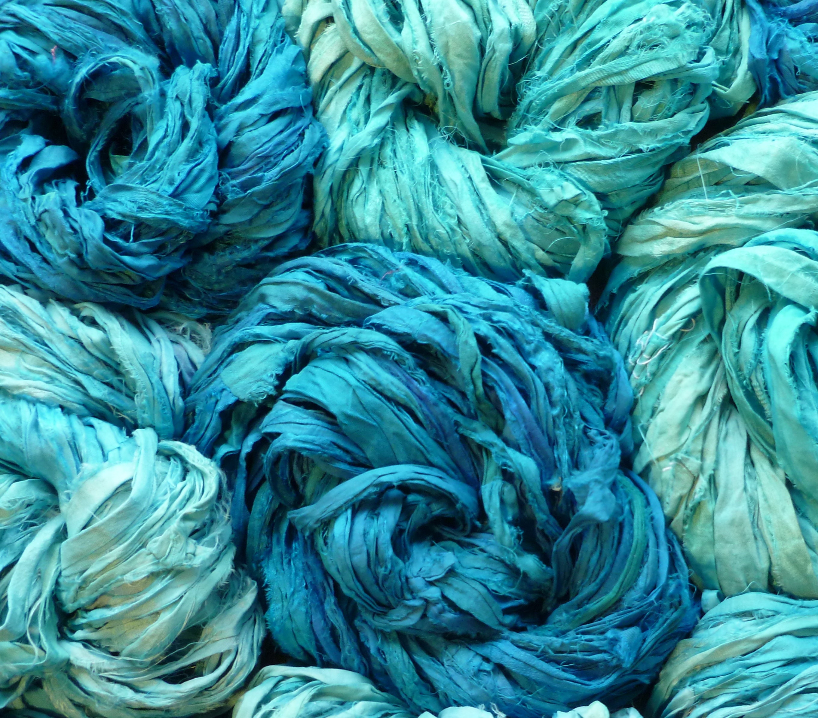 Sari silk multicolured ribbon - recycled sari silk ribbon - mid turqu…