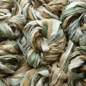 Sari silk ribbon recycled - multicolured sari silk ribbon - pale grey/mink/cream/ivory/green sari silk waste