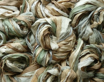 Sari silk ribbon recycled - multicolured sari silk ribbon - pale grey/mink/cream/ivory/green sari silk waste