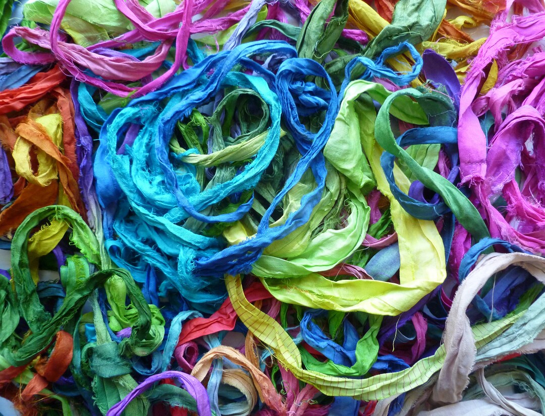 Sari Silk Ribbon/yarn/fabric Remnants 1.5oz Mixed Bag Multicolored Silk  Ribbons, Yarn, Fabric Strips 