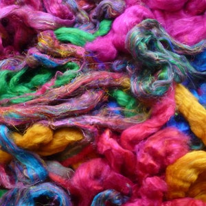 Sari silk waste sliver roving - mixed bag of colours  -silk roving -wet felting silk fibres - needle felting silk fibres - combined shipping