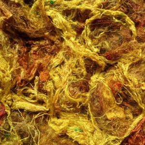 Sari silk fibre batt - gold/browns/greeens/rust silk fibers - mixed fibre batt - mixed media art - needle felting - wet felting - sewing