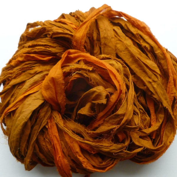 Sari silk ribbon recycled - chestnut and some orange - sari silk ribbon - sari silk waste