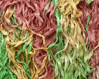 Sari silk ribbon recycled - multicolured sari silk ribbon - mulberry/peach/lime - sari silk waste ribbon - silk yarn