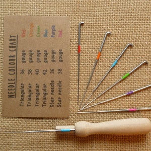 Felting handle + 6 needles - felting needles - star felting needles - triangular felting needles +chart - needle handle - needle holder