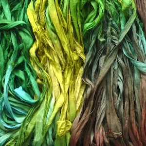 Sari silk ribbon recycled - greens/blues/browns multicolured sari silk ribbon hand-dyed - sari silk waste ribbon - silk yarn