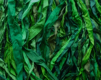 Recycled Sari Silk Ribbon – Mixed Greens, Olive Hand-Dyed Fabric
