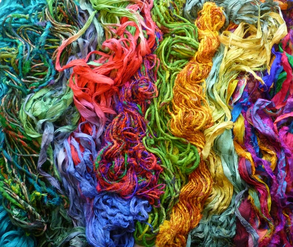 Recycled sari silk gift wrap ribbon ties - bag of 8 mixed colour ribbons  with stitched edge 90cm (3') long x 2cm (3/4) wide
