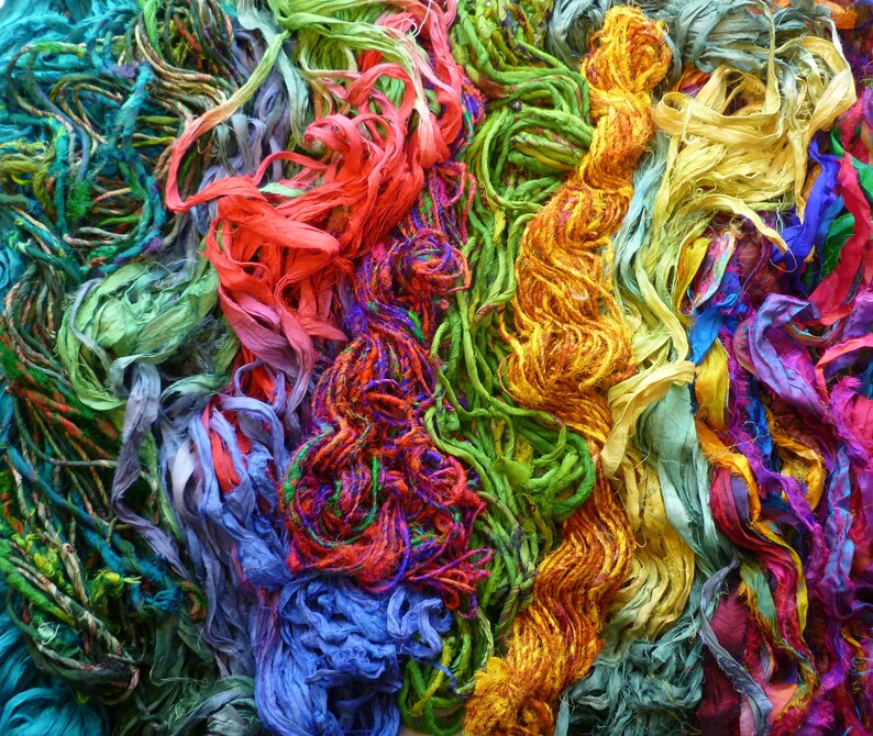 Sari silk yarn mixed bag of ribbons and yarns sari silk Etsy