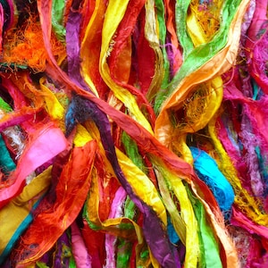 Sari silk multicolured fuzzy edged ribbon - recycled silk ribbon - sari silk waste ribbon - silk yarn - combined shipping