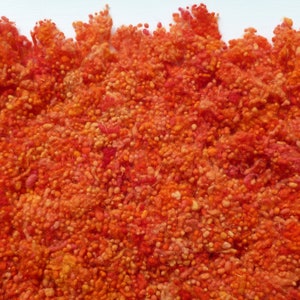 Könnte beinhalten: Nahaufnahme einer strukturierten Oberfläche aus orangefarbenen, roten und gelben Fasern. Die Fasern sind dicht gepackt und erzeugen ein flauschiges, fast wolkenartiges Aussehen.