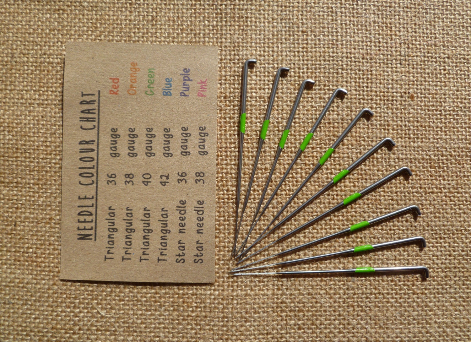 set of 10 triangular felting needles - rainbow color coded 36, 38, 40…