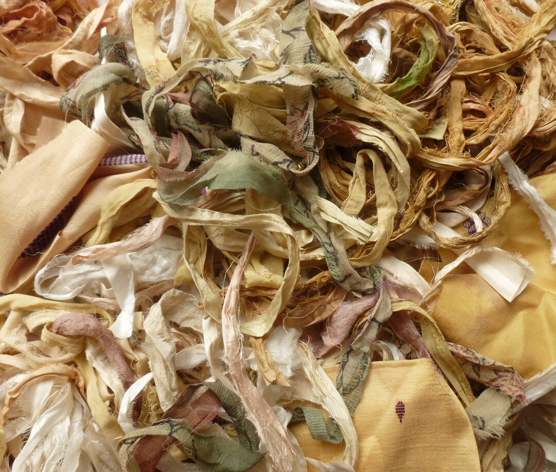 Sari Silk Ribbon/yarn/fabric Remnants 1.5oz Mixed Bag Natural Silk