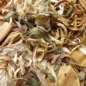 Sari silk ribbon/yarn/fabric remnants 1.5oz mixed bag  - natural silk ribbons, yarns, fabric strips - combined shipping