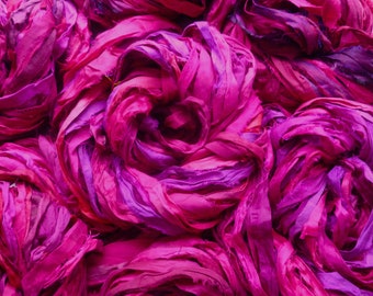 Sari silk ribbon recycled - multicolured sari silk ribbon - mixed deep rich cerise/ damson - sari silk waste ribbon - silk yarn