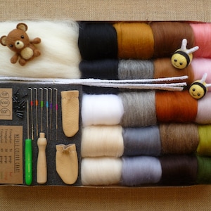 Needle felting kit for beginners 5 styles to choose - starter felting kit - animal felting kit - toy eyes -merino wool roving -combined ship