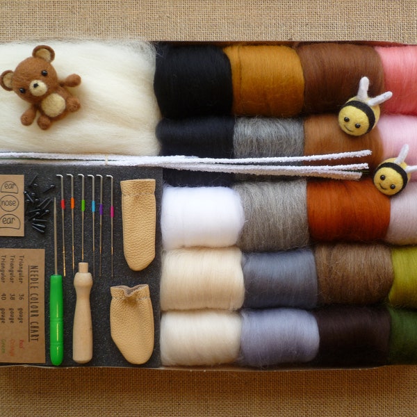 Needle felting kit for beginners - 5 styles to choose from - animal needle felting kit  - starter kit - toy eyes -merino wool roving